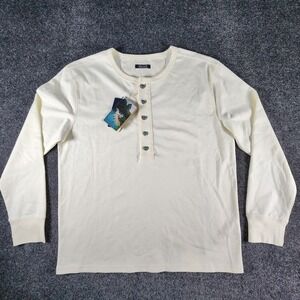 NWT Karaku Mens Long Sleeve Henley Shirt Cream Off White Blue‎ Buttons Size M